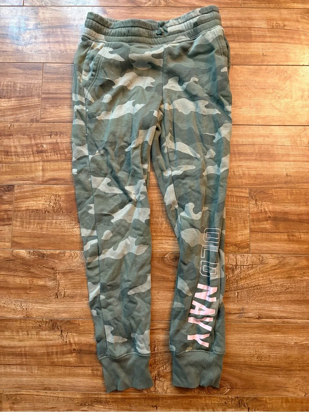 Old Navy Green Camo Joggers with Pink Logo Accent